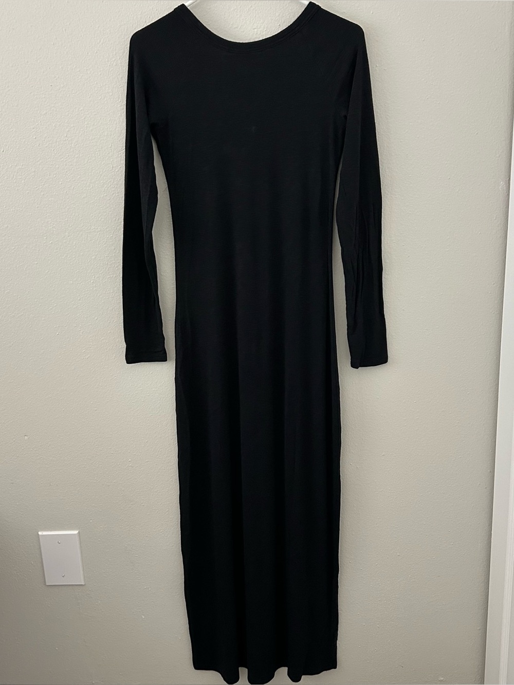 Aerie Bodycon Low Scoop Back Maxi Dress Womens M Black Ribbed Long Sleeve Cotton